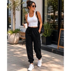 Reflex Womens Black Cargo Sweatpants Joggers Fleece Lined Size Large